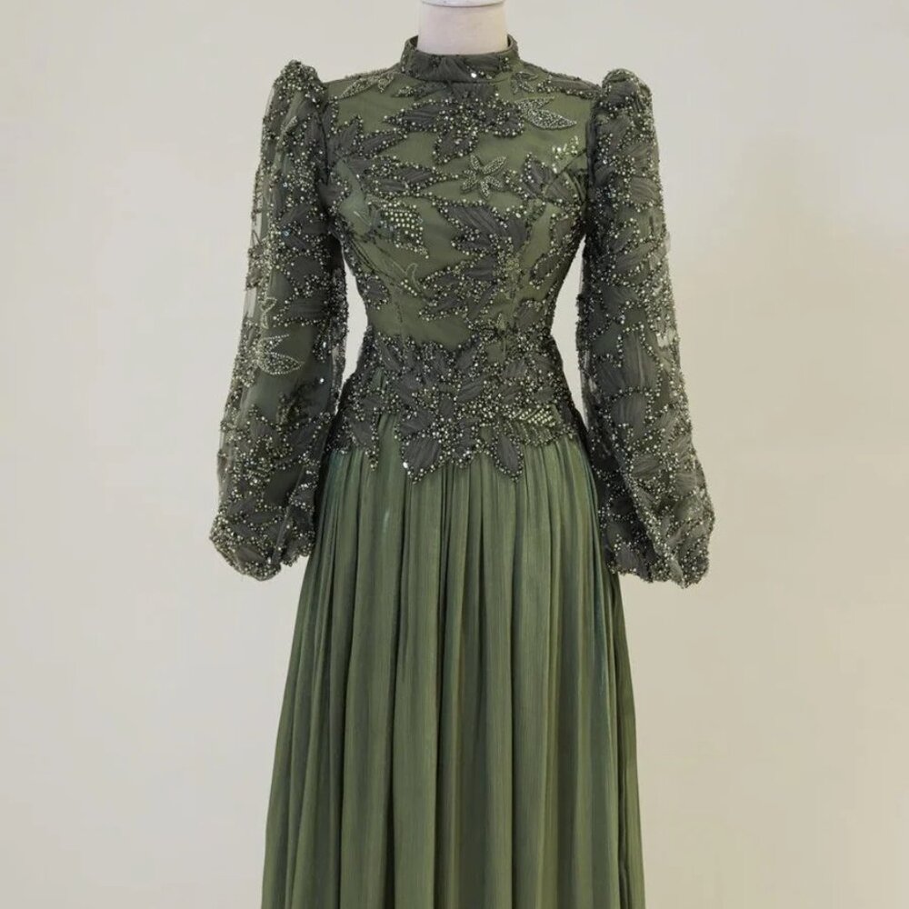 Olive Khaki Maxi Longsleeve Hijabi Dress with Scarf